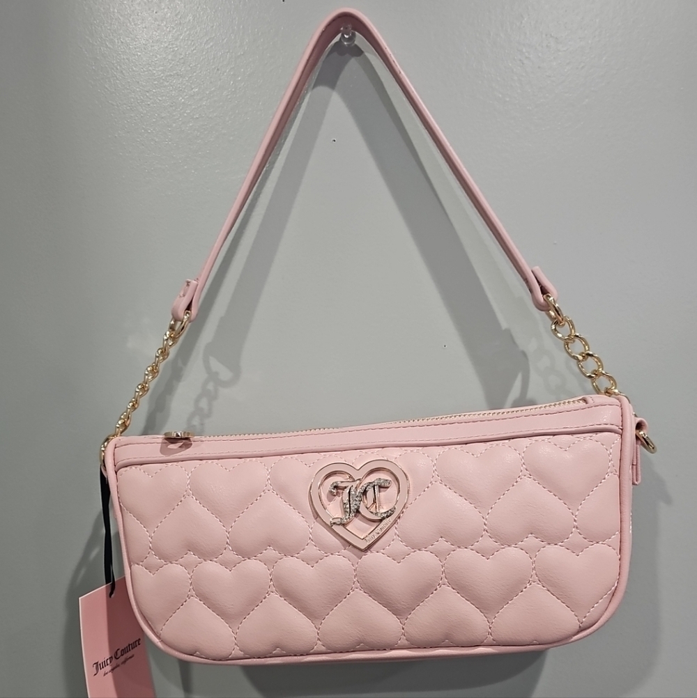 JUICY COUTURE Flawless Shoulder Bag w/ Chain - Black Faux Leather Quilted Heart